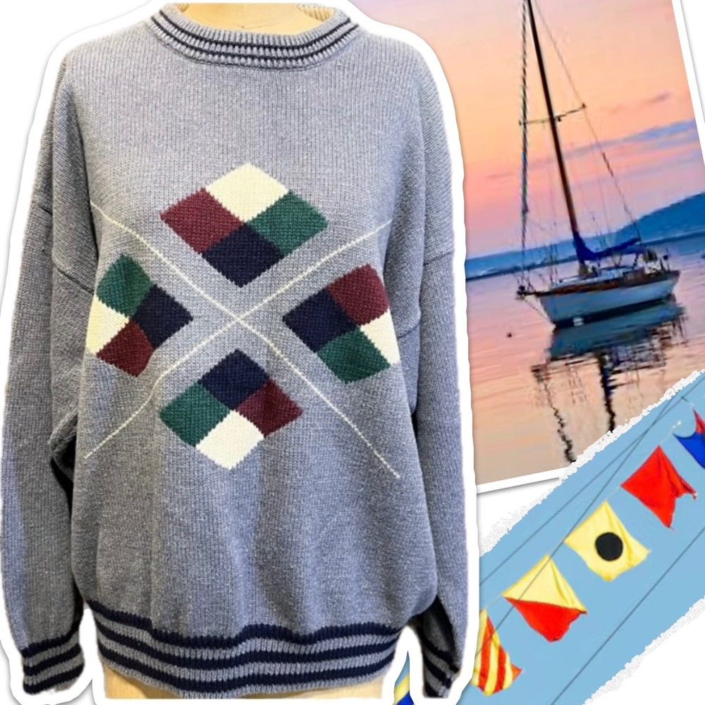 Vintage 80s Cotton Traders nautical ship flags‎ blue heavy knit crewneck sweater